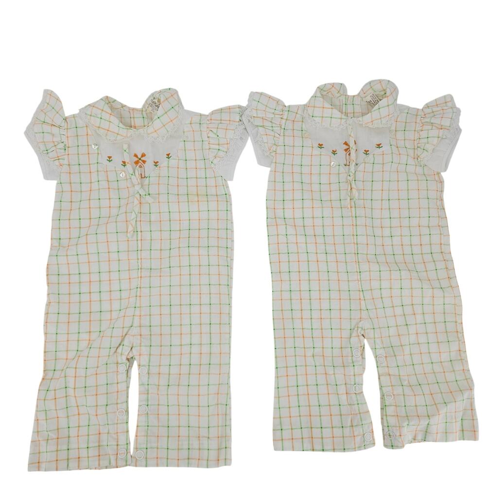 Vintage 1970's Baby Check Ruffle Romper Jumpsuit TWIN Girls 6 mo Cottage 4031